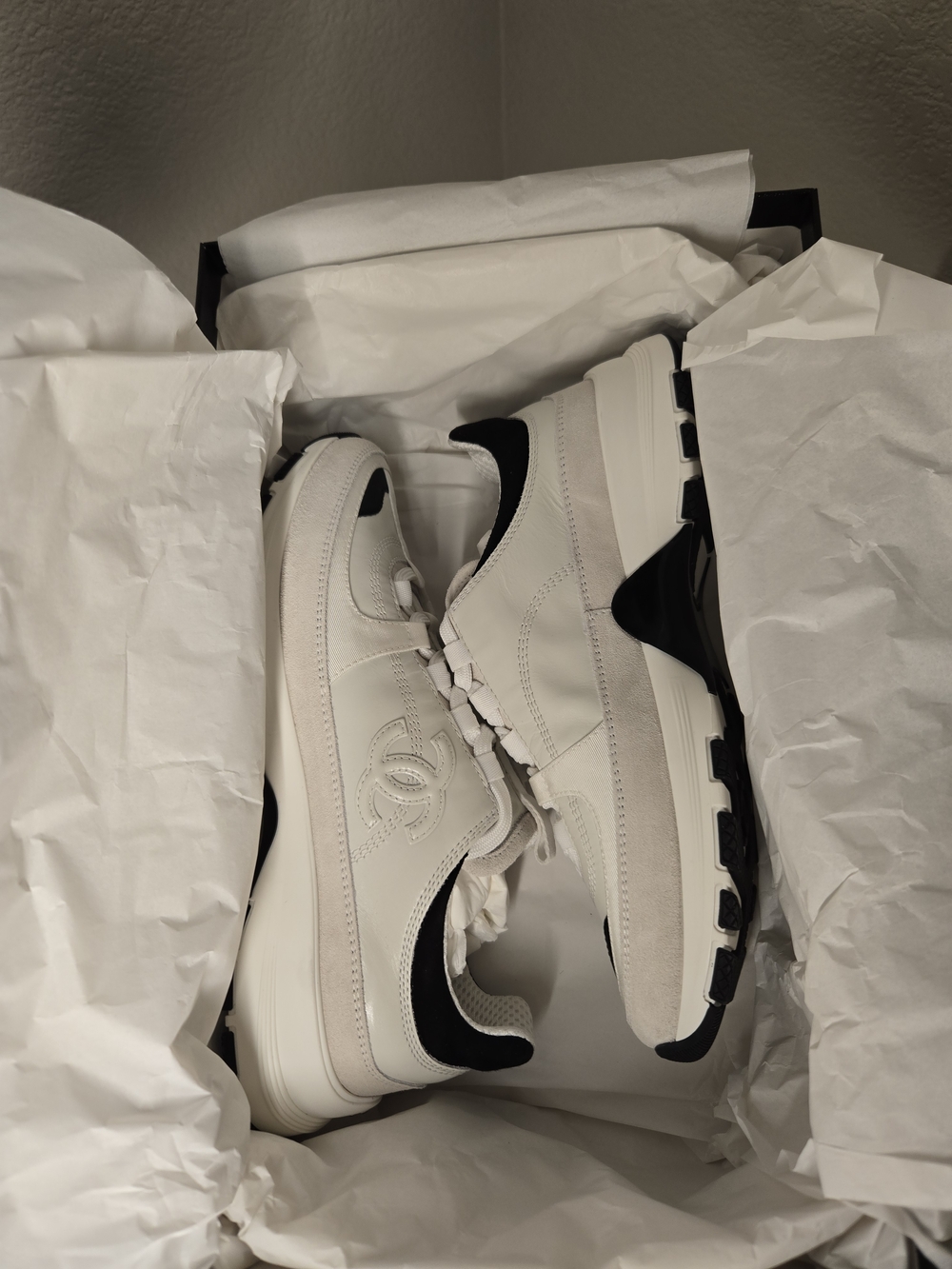 Chanel White and Black Leather Platform Sneaker - Picture 2 of 9